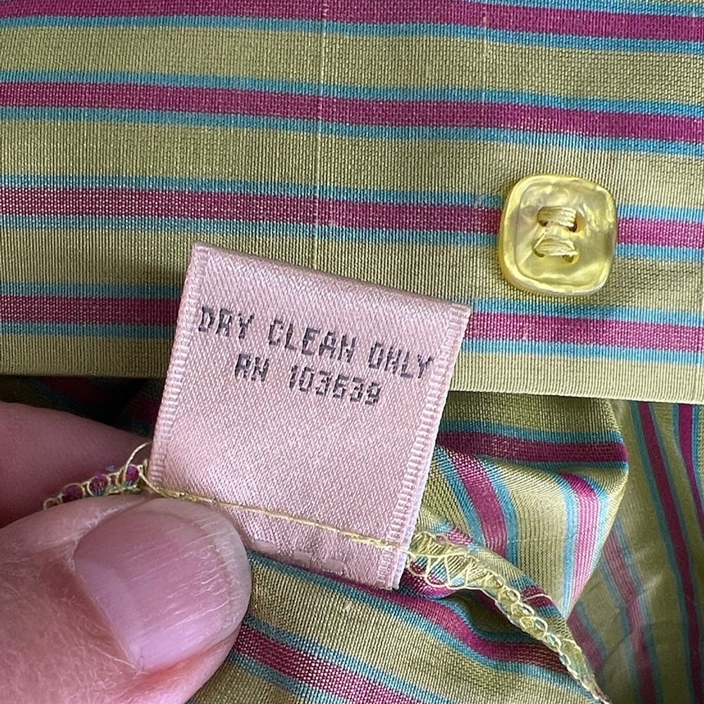 Silk Olive Pink and Teal Striped  Button Down Shirt - Picture 4 of 11